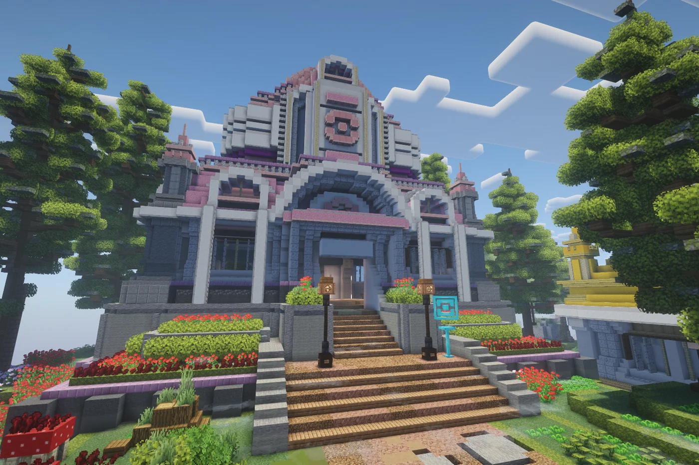 One of the Cobbletwo gyms, a stone and pink hall behind a flowered stairway