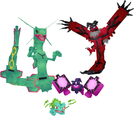 Rayquaza, Yveltal and other Pokemon rendered in the Cobbletwo style